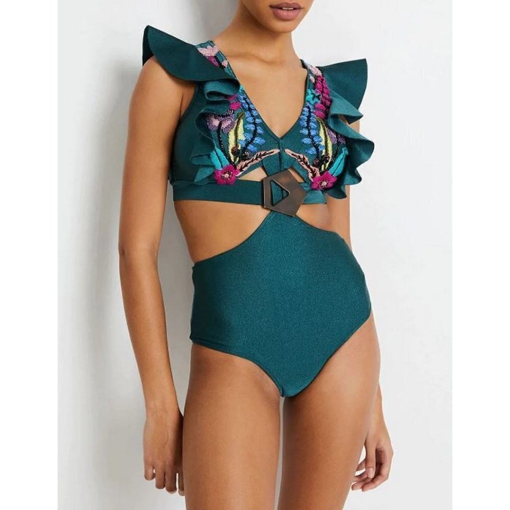 PATBO Hand Embroidered Swimsuit Green S MSRP $595 Ruffled Floral Bathing Suit